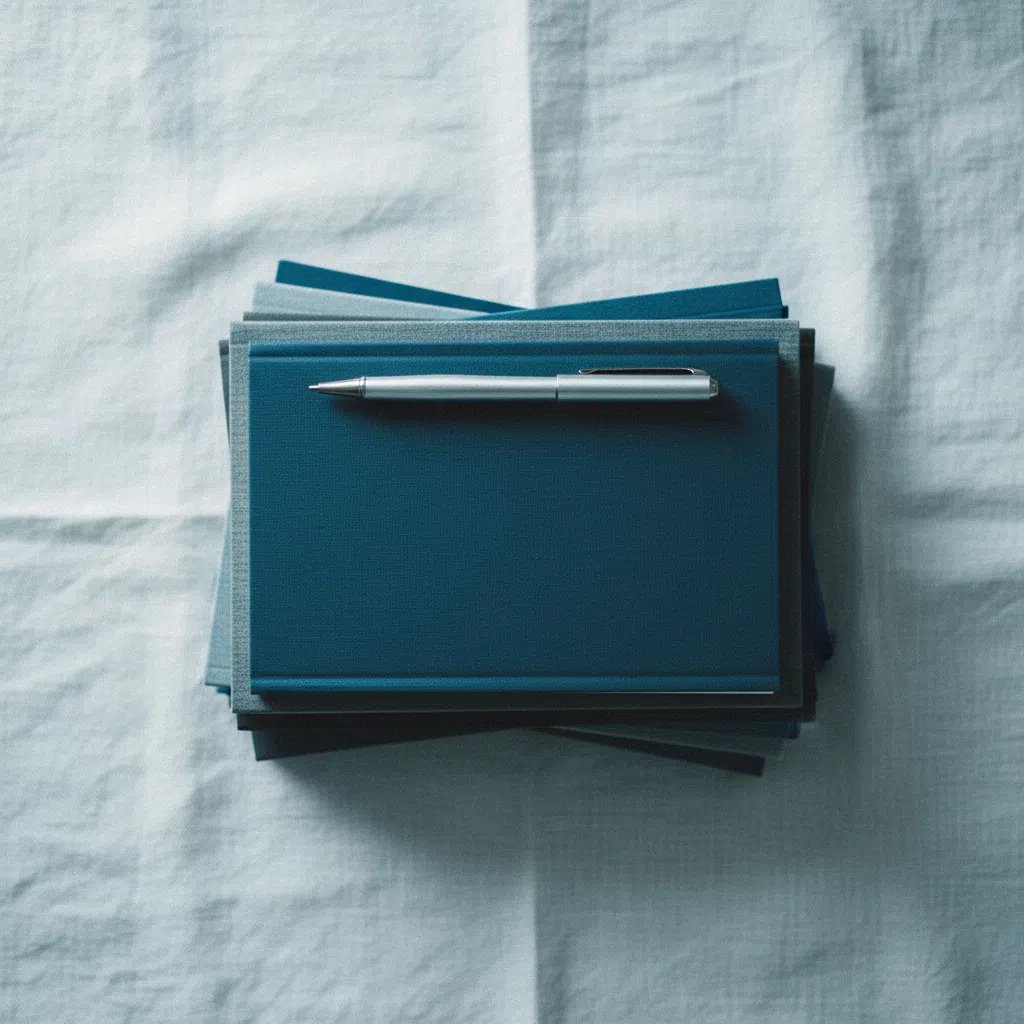 Stapel notitieboeken en een pen op een grijsblauw bureau, geordende werkplek