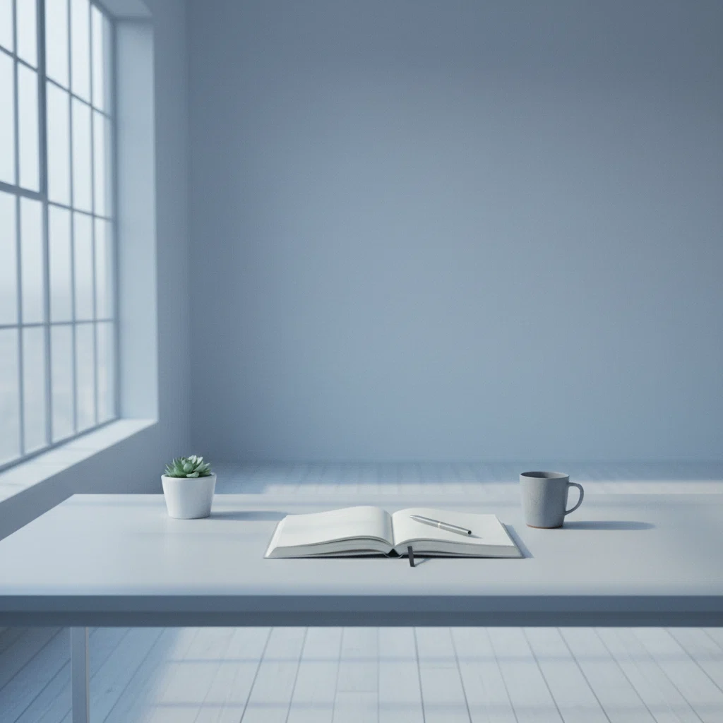 Rustige werkplek met notitieboek en koffiekop op een houten bureau bij een raam