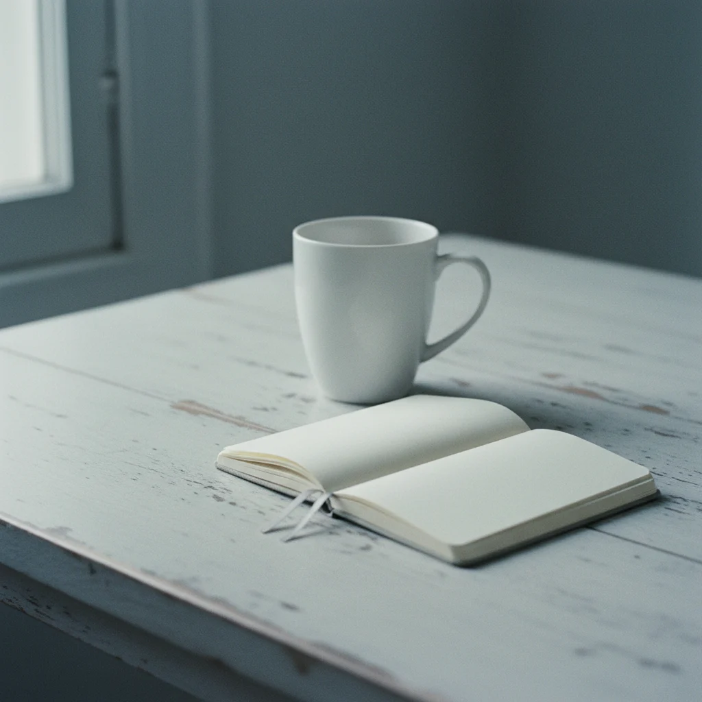 Koffiekop en notitieboekje op een lichte tafel in ochtendlicht, geen mensen